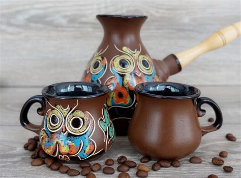 Turkish Coffee Set Ceramic Coffee Pot 2 Mugs Owl Gift For Etsy