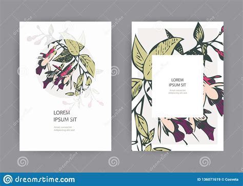 Botanical Wedding Invitation Card Template Design Hand Drawn Fuchsia