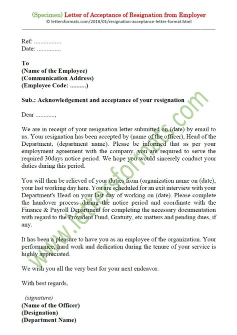 Letter Of Acceptance Of Resignation From Employer Sample