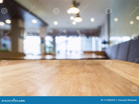 Table Top Wooden Counter Interior Cafe Restaurant Blur Background Stock