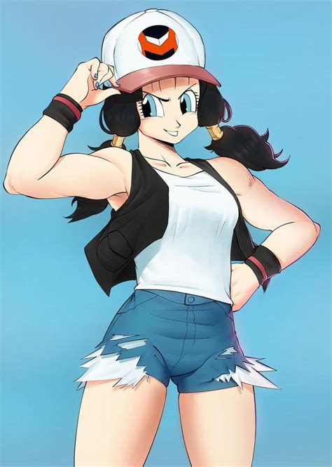 An Anime Character Wearing Ripped Shorts And A Baseball Cap With Her Hands On Her Head