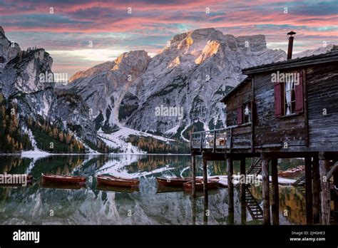 Picturesque Landscape With Famous Lake Braies In Autumn Dolomites