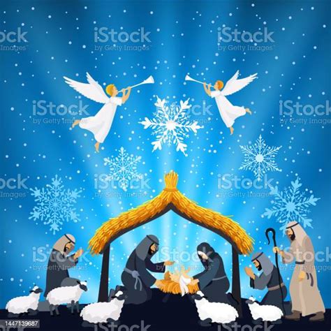 Birth Of Christ Nativity Scene Christmas Scene And Shepherds Stock