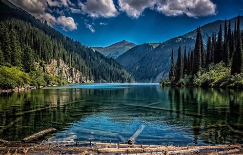 Обои лес горы озеро Казахстан Озеро Кольсай Kazakhstan Тянь Шань