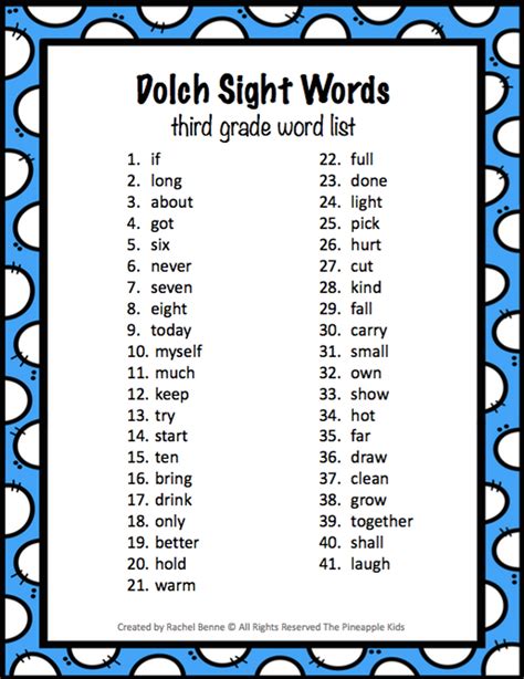 Dolch Sight Words 3rd Grade Assessment Printable Templates