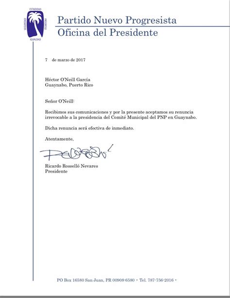 Ricardo Rossello On Twitter Comparto Carta Aceptando La Renuncia De