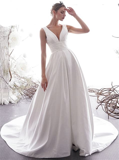A Line White Satin Deep V Neck Backless Pleats Wedding Dress