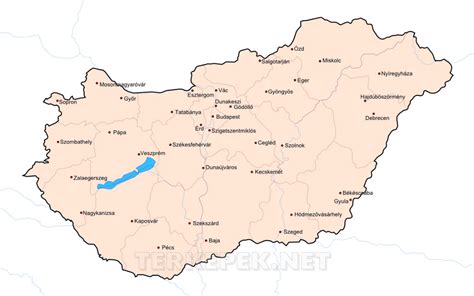 Magyarország egyszerű térképe a főbb városokkal, tavakkal és folyókkal. a mi utunk: domborzat