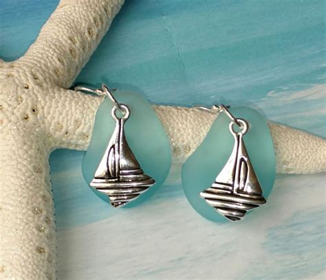 Sea Glass Earrings Sea Glass And Sailboat Earrings Sterling Etsy