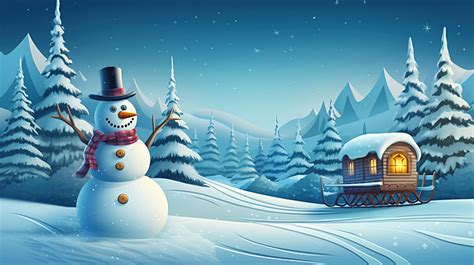 Snowman In A Sleigh With A Christmas Tree In Snowdrifts Winter Season