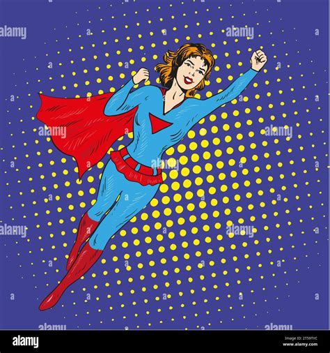 Super Hero Woman Flying Vector Poster In Comic Retro Pop Art Style