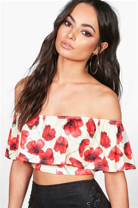 Freya Floral Ruffle Off The Shoulder Crop Boohoo