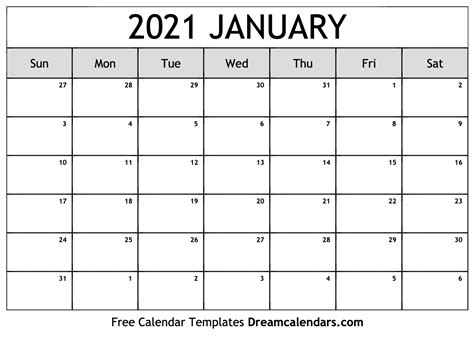Printable January 2021 Calendar