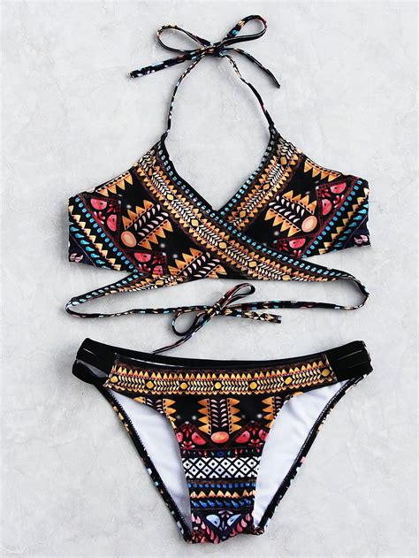 Shop Tribal Print Ladder Cutout Wrap Bikini Set Online Shein Offers Tribal Print Ladder Cutout