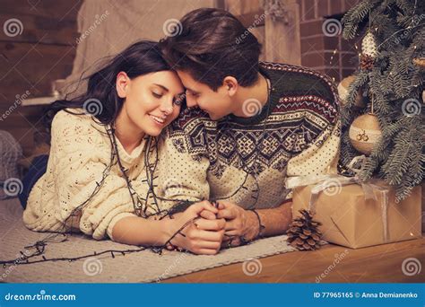 Beautiful Brunette Caucasian Romantic Loving Couple In Cozy Warm Stock Image Image Of Cheerful