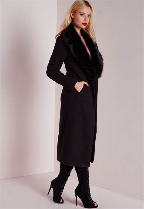 missguided longline faux wool coat with faux fur collar black abrigos cazadora