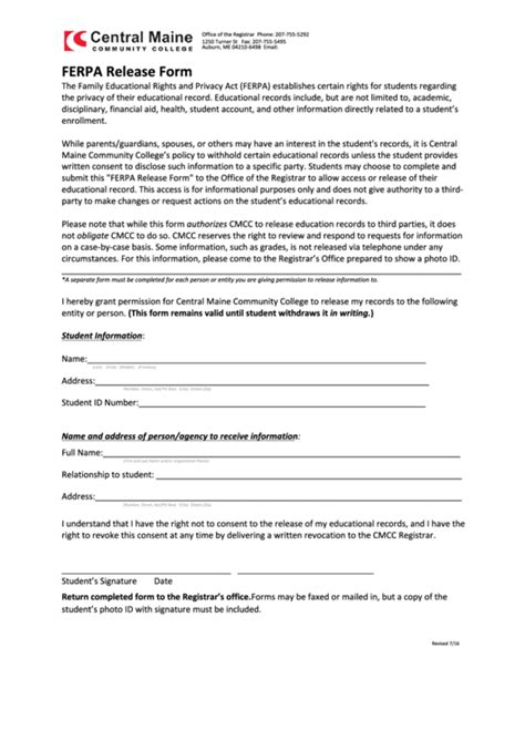 ferpa release form central maine community college