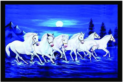 Vastu Poster White 7 Horse Vastu Painting Beautiful Seven Horse