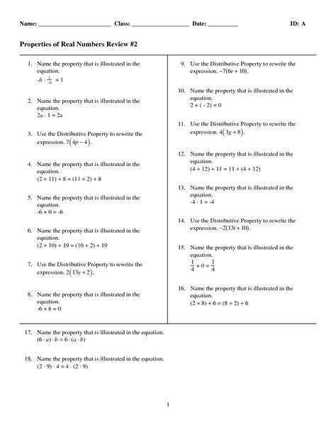 Properties Of Real Numbers Practice A Worksheet Answers