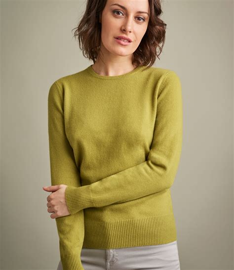 Lichen Green Womens Luxurious Pure Cashmere Crew Neck Sweater
