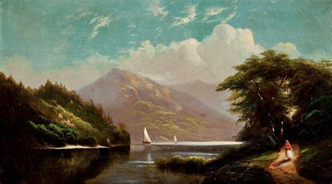 Landscape With Mountain Lake And Figures Painting By 19th Century