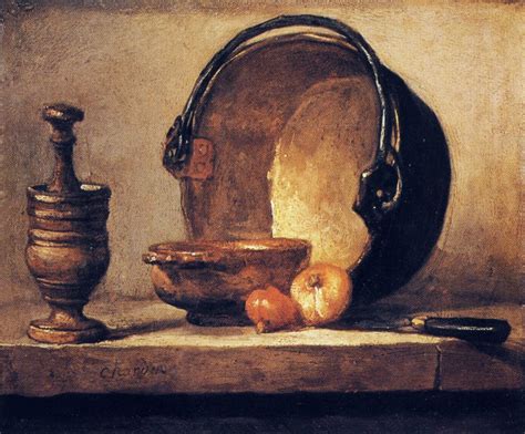 Still Life With Pestle Bowl Copper Cauldron Onions And A Knife