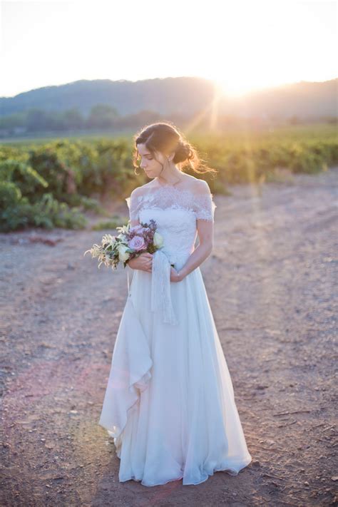 French Lace Off The Shoulder Wedding Dress With Flowing Chiffon Skirts