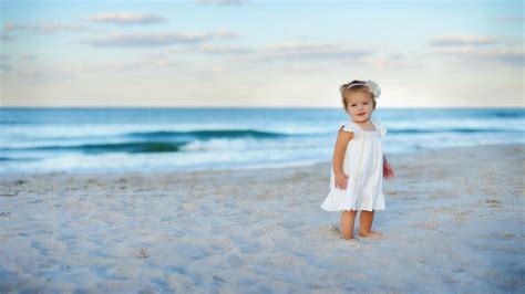 Wallpaper Sunlight Sea Children Shore Sand Beach Dress Blue