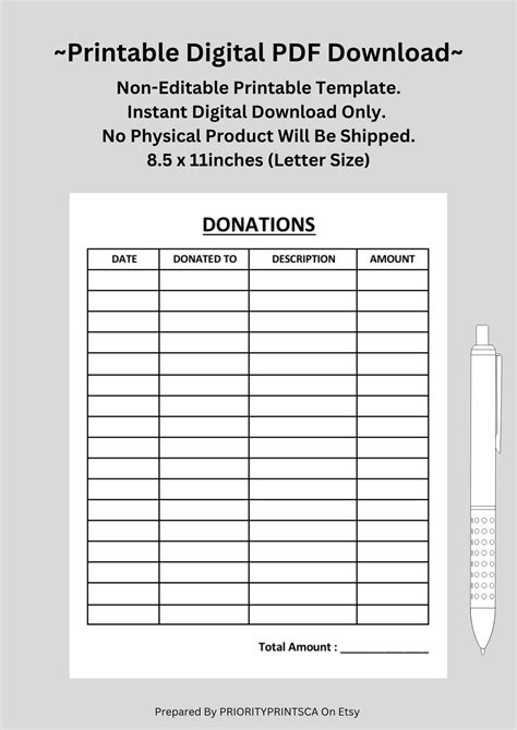 Printable Donation Form Donation Tracker Donation Log Etsy