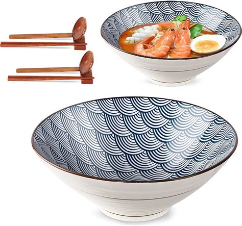 Weunum Ceramic Japanese Ramen Bowls 2 Sets 8 Piece 9inch 60 Ounce Large With