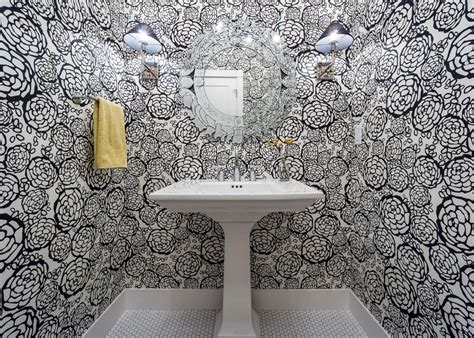 Bold Black And White Floral Wallpaper In Small Bathroom