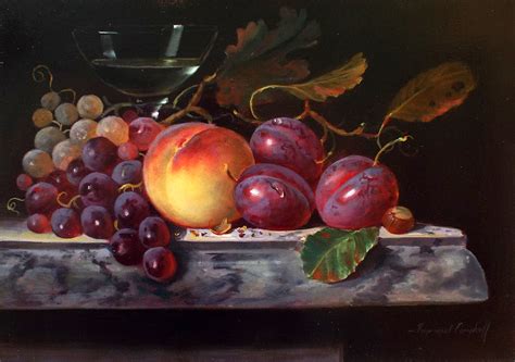 Still Life Peach, Grapes, Plums and a Glass of Champagne - Baron Fine Art