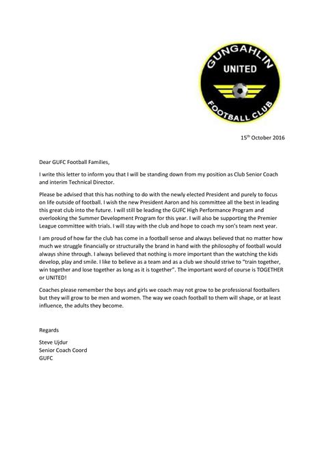 Letter Of Resignation Sample For Football Coach - Sample ...