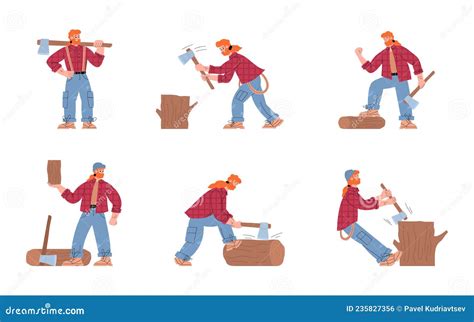 Set Of Male Lumberjack Cartoon Characters Holding Axes Chopping Wood In Flat Stock Vector
