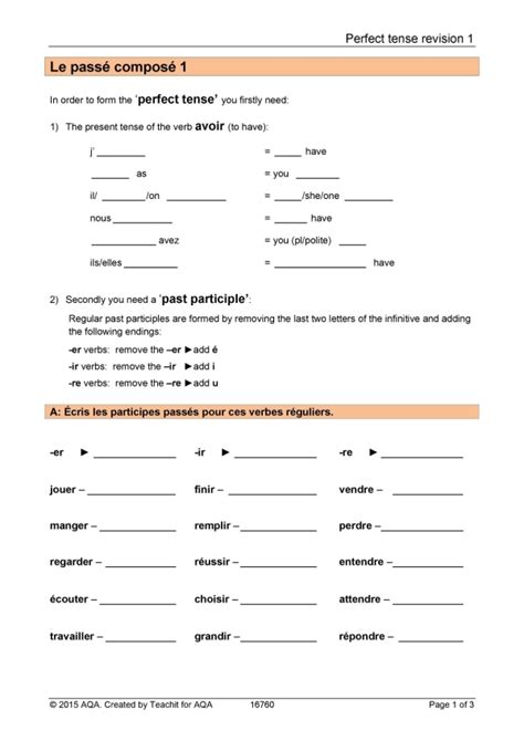 Perfect Tense Worksheets Grammar Revision Ks3 4 French Teaching