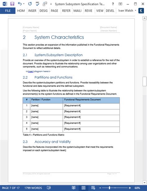systemsubsystem specification theme ms word templates