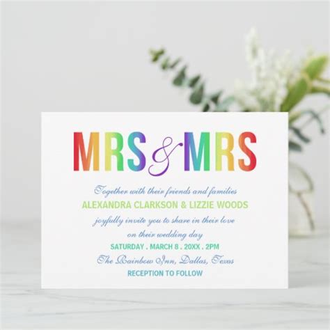 rainbow mrs and mrs lesbian wedding invitation zazzle