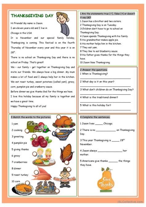 Thanksgiving Day Reading For Detail English Esl Worksheets Pdf And Doc