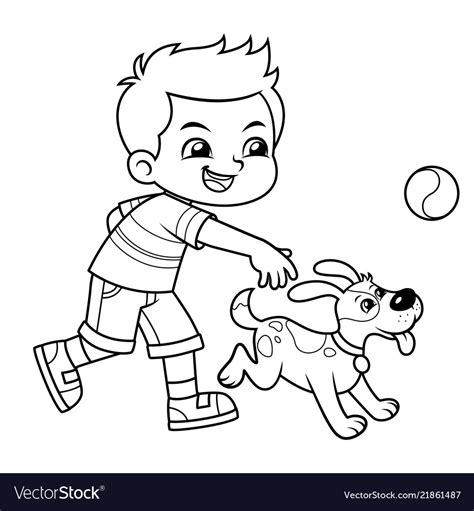 Boy Playing With His Pet Dog Bw Royalty Free Vector Image