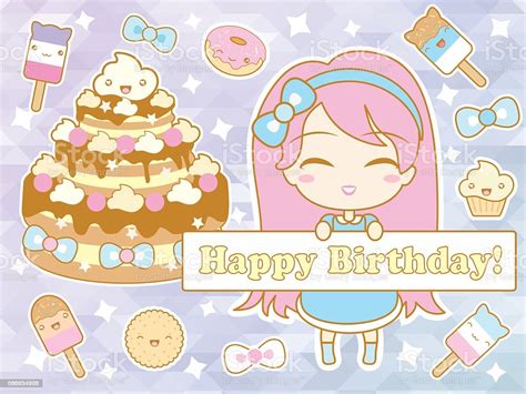 Happy Birthday Card With Cute Smiling Cartoon Chibi Girl Stock Vector