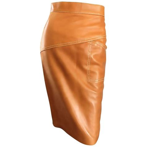 escada margaretha ley vintage high waist leather saddle cognac tan pencil skirt high waisted