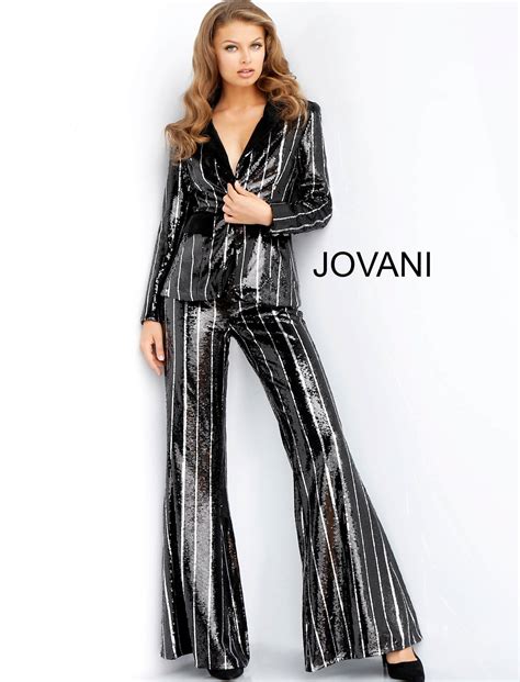 Jovani 54671 Black Silver Sequin Stripe Flared Pant Suit