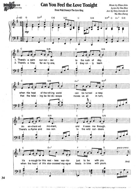 Elton John-The Lion King - Can You Feel The Love Tonight 琴譜/五線譜pdf-香港流行
