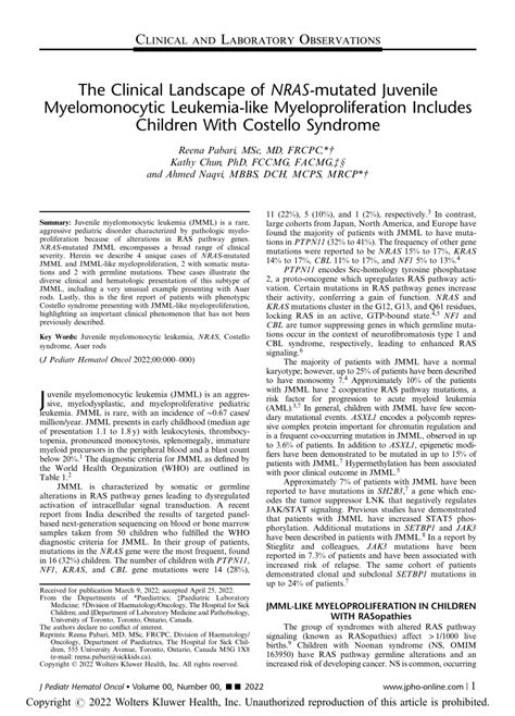 Pdf The Clinical Landscape Of Nras Mutated Juvenile Myelomonocytic