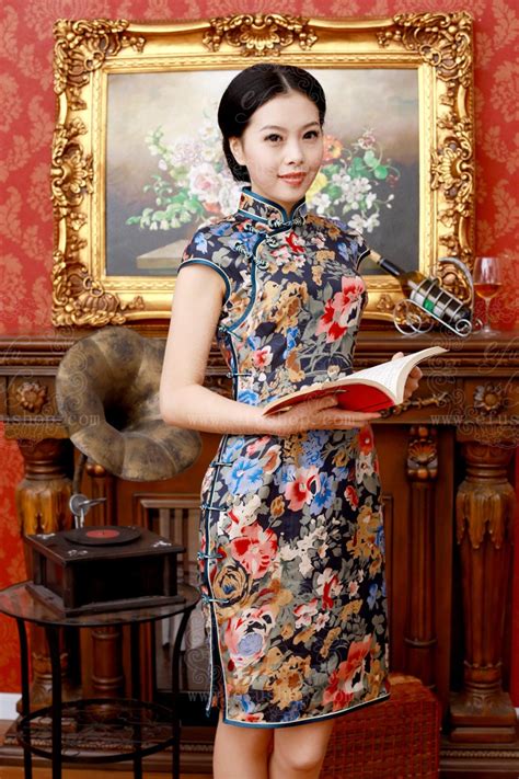 Dark Blue Satin Short Cheongsam Custom Made Cheongsam Chinese Clothes Qipao Chinese Dresses