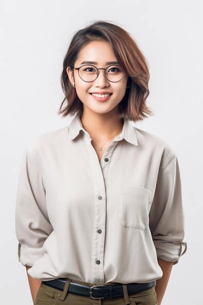 Premium Ai Image A Woman Wearing Glasses Stands In Front Of A White