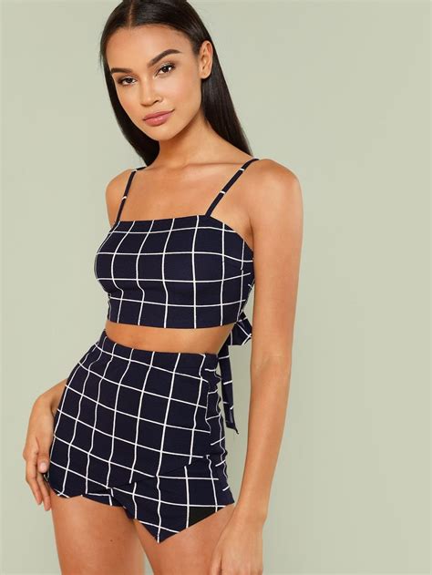 Grid Crop Cami Top Overlap Front Shorts Set SheIn Sheinside Outfit Sets Cami Tops Two