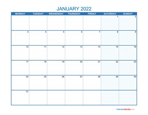 Jan 2022 Calendar Starting Monday Calendar Example And Ideas