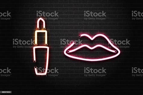 Vector Realistic Isolated Neon Retro Signs Of Lipstick And Lips For