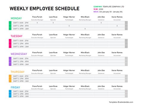 Weekly Employee Schedule Template Free Printable Templates